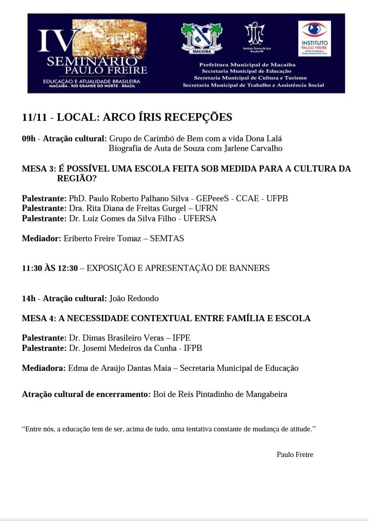 Página 2 programação do Seminário Paulo Freire